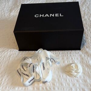 CHANEL Black Box with White Logo Ribbon and White Camellia